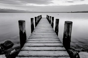 Fototapeta premium Long wooden pier stretching into a calm lake at dawn, black and white photography