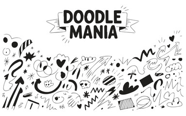 Line hand drawn brush marker underline, highlight, star element set. Hand drawn sketch marker underline shape, arrow, star scribble brush pen stroke icon highlight element. Vector illustration.