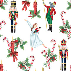 Christmas nutcracker, ballerina, mouse king, candy cane, , candle and mistletoe seamless pattern. Holiday decoration wallpaper.	