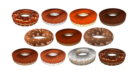 Donuts, chocolate and caramel glaze, candy sprinkles, set of sweets, 3D models, color drawing, on a transparent background
