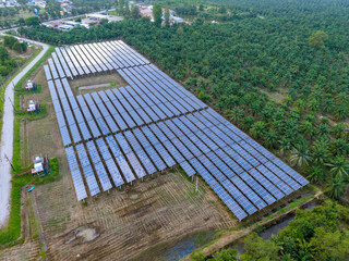 Aerial view of a solar farm surrounded by lush greenery.