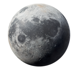 A large grey and white planet with a dark spot in the middle