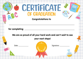 Graduation Certificate for kids, Certificate of appreciation for children. Graduating elementary school, kindergarten, course, program. Kids diploma template, for school preschool kindergarten, studdi