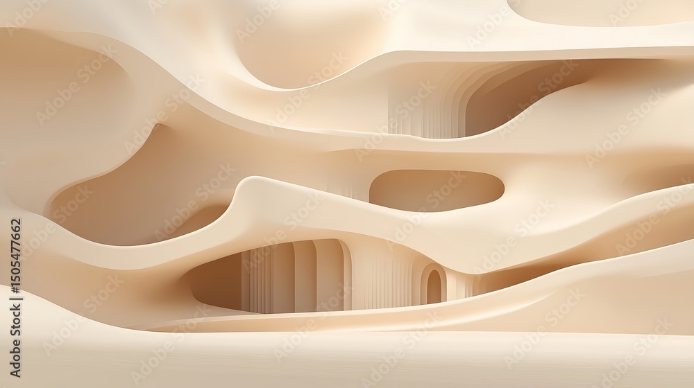 Poster abstract architectural structure with curved layers and openings in a light beige color palette