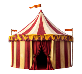A large red and yellow circus tent with a flag on top
