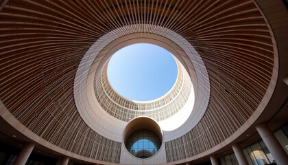 Unique architectural design featuring circular skylight in modern building interior with wooden elements