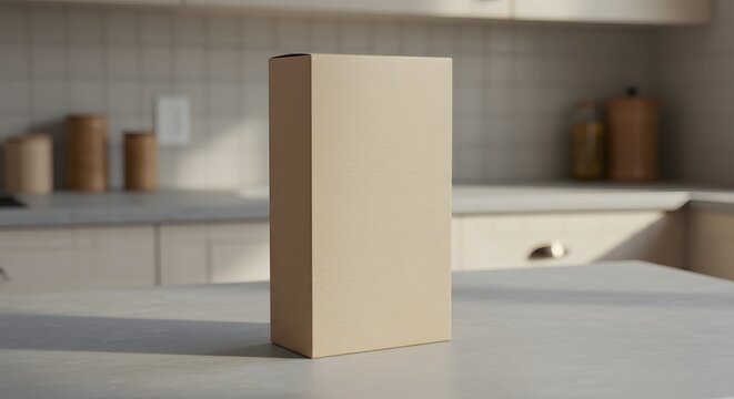 Plain cereal box, standing upright on kitchen counter