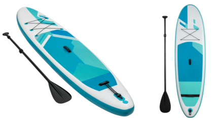 Blue standup paddle board bundle, side and top view