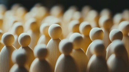 Obraz premium A close up shot of a crowd of wooden figures with round heads in a blurred background style image