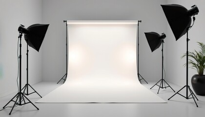 Professional Photography Studio Setup with Softbox Lights and Neutral Backdrop for Portrait and Product Shoots