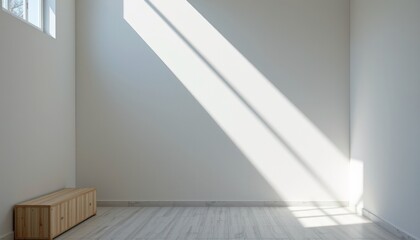 Fototapeta premium Bright Sunlight Streaming into Minimalist Room with Wooden Bench and White Walls, Perfect for Interior Design Inspiration