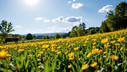 Fototapeta premium Bright Yellow Flowers in Sunny Meadow with Lush Green Grass and Clear Blue Sky Underneath Fluffy White Clouds