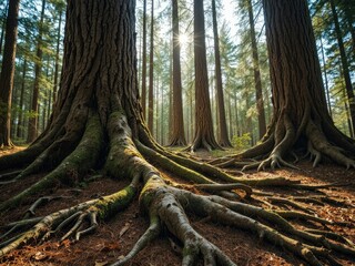 Ancient Pine Tree Roots Sprawl Across Forest Floor