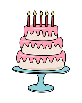 Illustration of Pink Icing and cream Cartoon Cake on Display Tray with Red Candles Isolated on Transparent Background for Birthday Party Celebration Stickers, Greeting Cards and Invitations