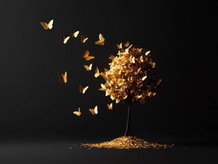 Golden money tree with metallic butterflies on dark background