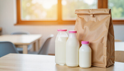 Milk bottles and paper bag on wooden table in bright kitchen light  