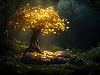 Enchanted money tree in a mystical forest setting