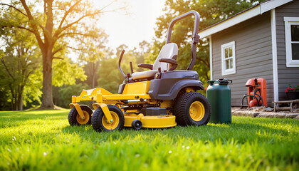 Riding lawn mower parked on green grass near backyard home setting  