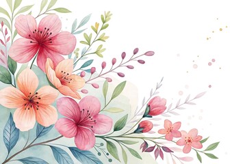 Watercolor Floral Arrangement with Pink and Peach Blossoms on White Background