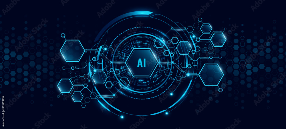 Poster futuristic ai chart of connected digital blue hexagons with glowing hud circle for ui or gui design.