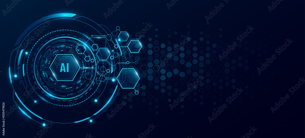 Poster futuristic ai chart of connected blue hexagons with glowing hud circle for ui or gui design. cyber h