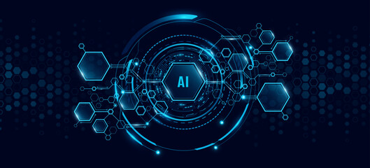 Futuristic AI chart of connected digital blue hexagons with glowing HUD circle for UI or GUI design. Abstract cyber honeycombs frame for Business Technology background. Vector illustration © sersupervector