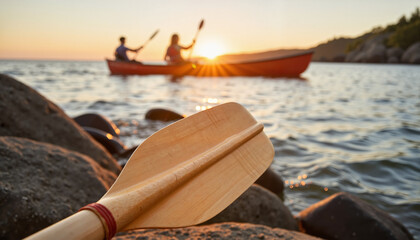 Two people kayaking on water during sunset with paddle in foreground  