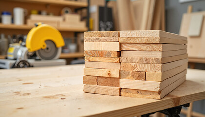 Stack of wooden planks on workbench in carpentry workshop