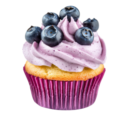 A cupcake with blueberry frosting and a purple wrapper