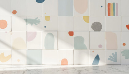Artistic tiled wall with colorful patterns and abstract design under sunlight and copy space