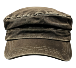 A tan hat with a black band