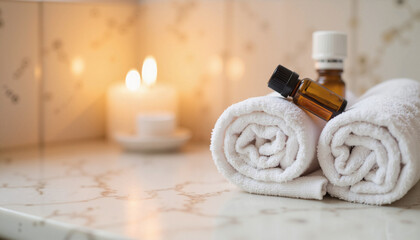 Spa essentials: rolled towels and essential oils with candlelight on marble countertop and copy space