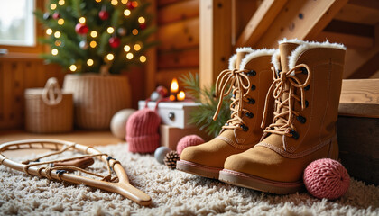Cozy winter boots near festive Christmas tree with decorations and copy spac