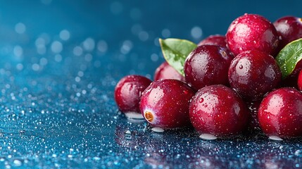   A blue surface with a green leaf and a cherry on top