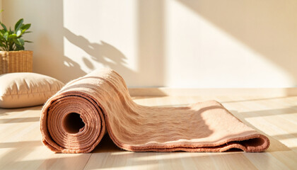 Rolled yoga mat on wooden floor with sunlight and greenery in background and copy space
