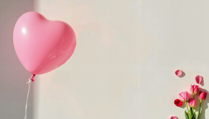 Pink heart-shaped balloon and bouquet of tulips with petals on light background