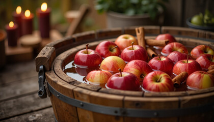 Fresh red apples floating in wooden tub with cinnamon sticks and candles in cozy setting