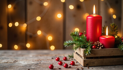 Christmas candles with festive decorations in wooden box and blurred lights background