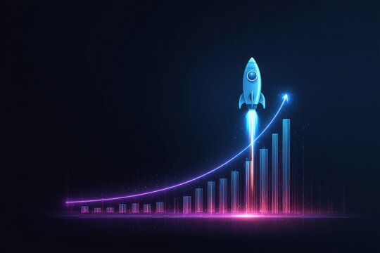 A blue rocket launching above a rising bar graph with a glowing purple arrow line going up