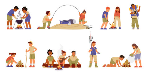 Multiracial children camping flat vector illustrations set isolated on white. Diverse kids making food on fire, playing ukulele, making bonfire, fishing, roasting marshmallow, putting up a tent. 