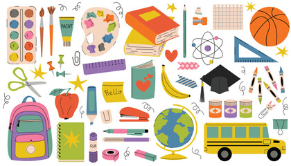 Playful cartoon style set of back to school elements featuring stationery, student hat, school bus, books, notes, and backpack. Art, craft and school supplies.