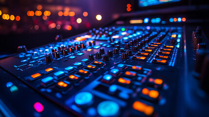 Close-up of professional audio mixing console with illuminated faders and knobs in a dark nightclub or concert hall.