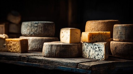Various aged cheeses and cheese wheels arranged on a rustic wooden table in low, dramatic lighting.