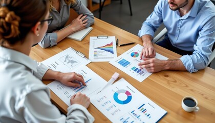 Business meeting with diverse team analyzing charts and graphs for data-driven decision making in the modern office