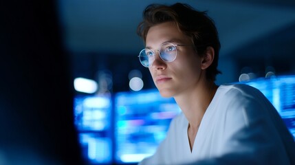A focused young man works intently in a modern tech environment. The cool blue tones evoke a sense of innovation. This image captures the essence of digital expertise and concentration. AI