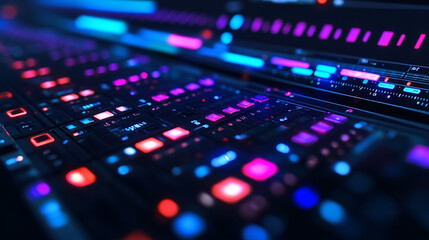 Fototapeta premium Close-up of vibrant, colorful audio mixing console with digital displays. Interactive touch screen interface with glowing buttons. Modern, high-tech studio equipment. Illuminated controls. 