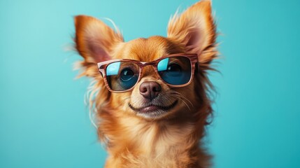 Happy dog wearing sunglasses and collar posing against bright blue background	