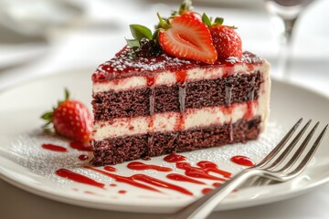 A slice of red velvet cake with cream cheese and strawberry jam, served on an elegant plate. 