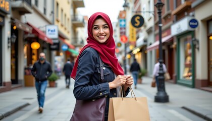 Young woman in red hijab holding shopping bags, smiling on vibrant street, fashion and lifestyle concept