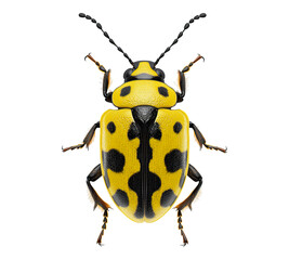 A yellow and black bug with black spots on its back